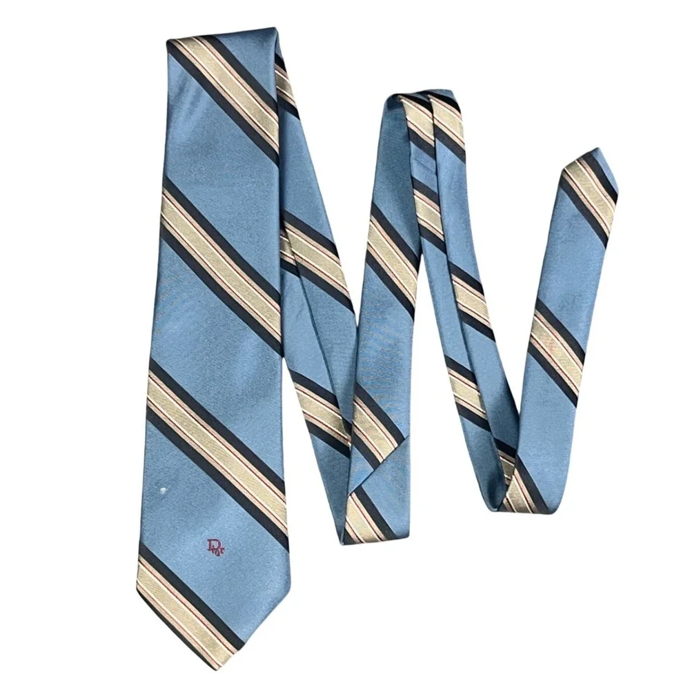 Vintage Christian Dior Mens Blue Striped Silk Blend Tie Woven in Italy Logo